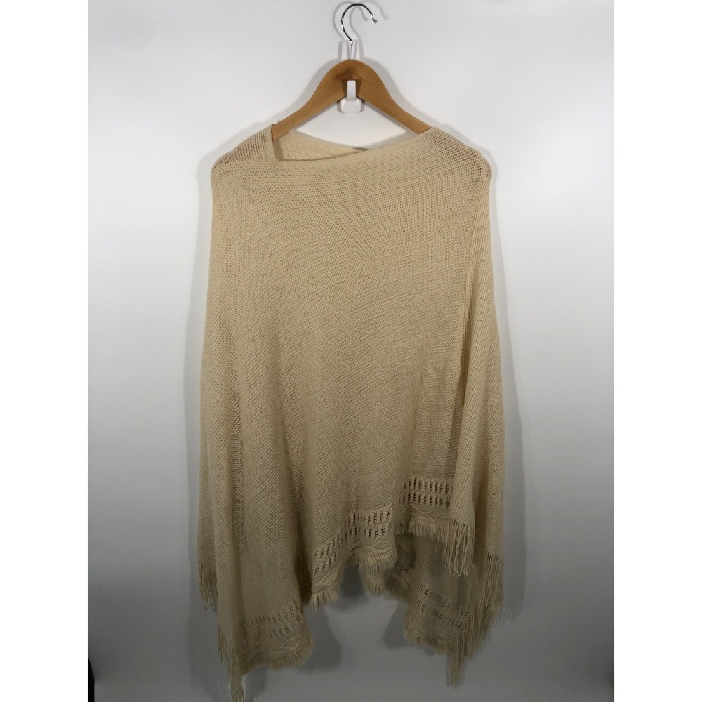 Neutral Minimalist Knit Poncho Womens ONE SIZE Fringe Beige Capsule Office Chic